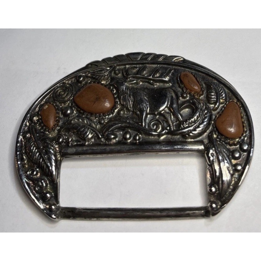 Vintage Stag Deer Belt Buckle Sash Slide Brown Cabochons Ornate Silver Tone